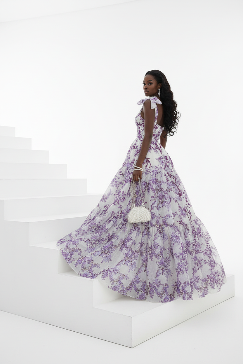 Floral Off-the-shoulder Strap Lace-up Large Swing Skirt Organza Dress
