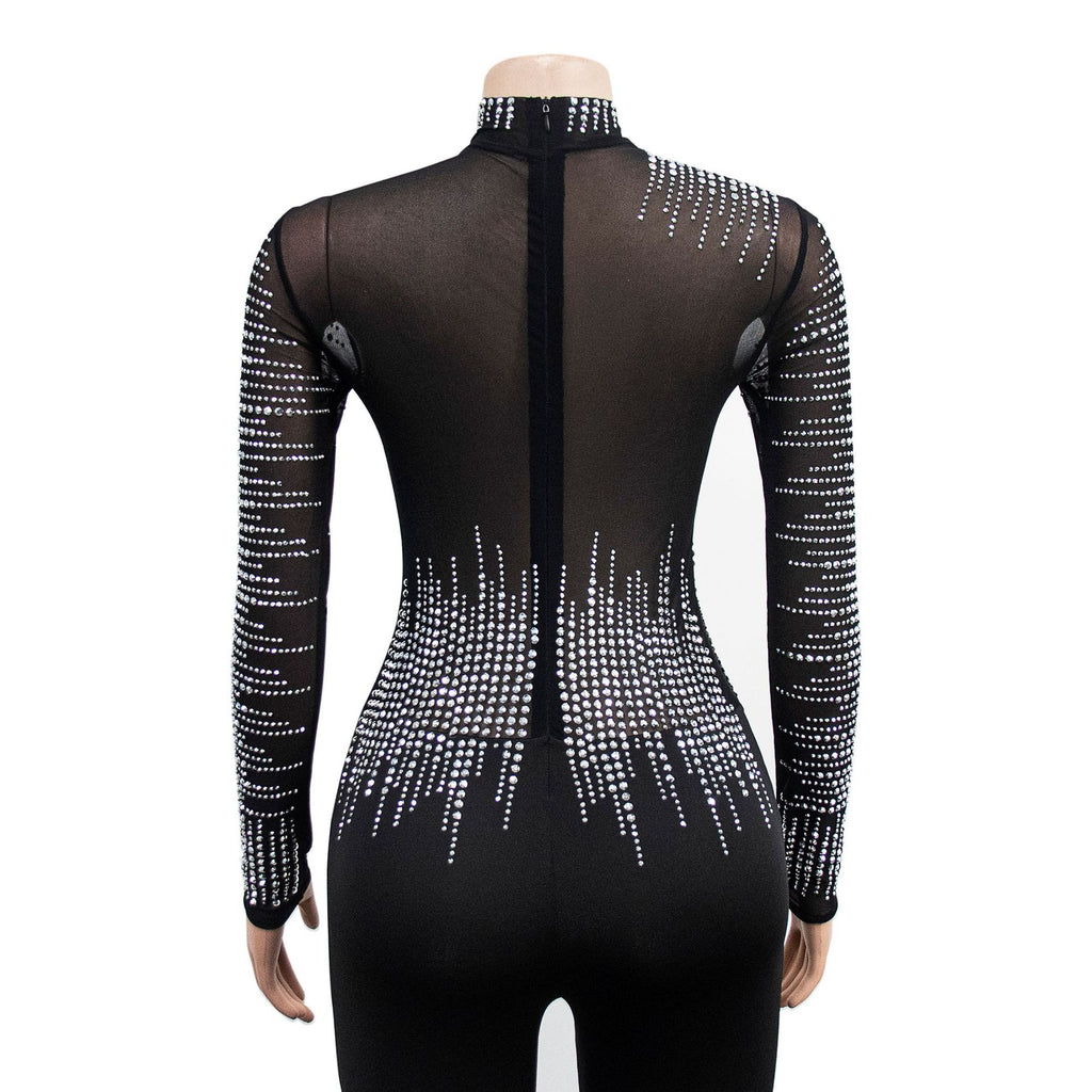 Women's Pure Color Mesh Rhinestone Long-sleeved Trousers Jumpsuit