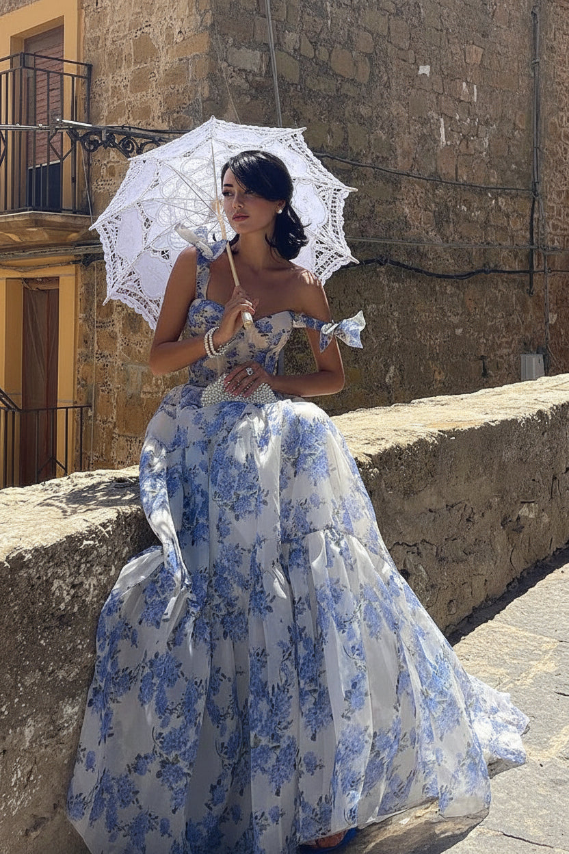 Floral Off-the-shoulder Strap Lace-up Large Swing Skirt Organza Dress
