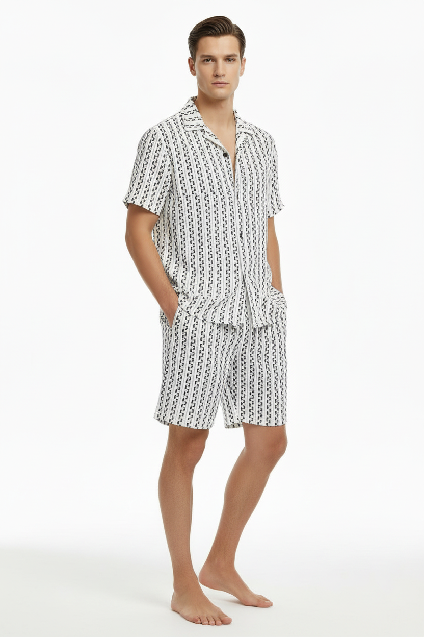 Mens Casual Striped Single-Breasted Shirt And Shorts Set