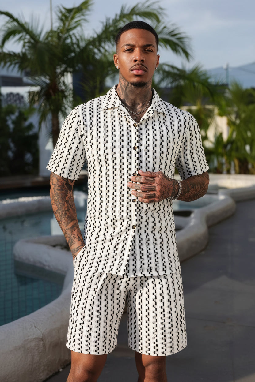 Mens Casual Striped Single-Breasted Shirt And Shorts Set