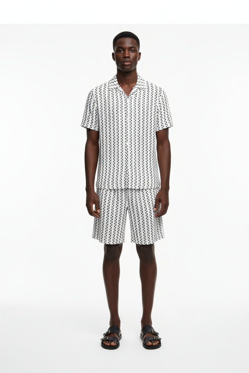 Mens Casual Striped Single-Breasted Shirt And Shorts Set