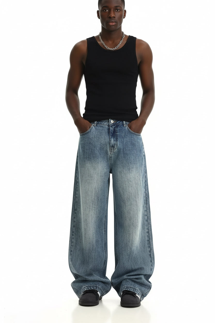 Street-style Vintage Washed Blue Jeans American Style