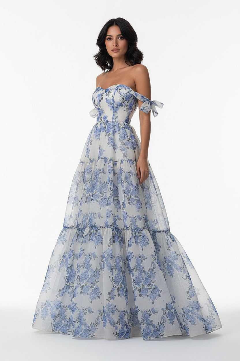 Floral Off-the-shoulder Strap Lace-up Large Swing Skirt Organza Dress