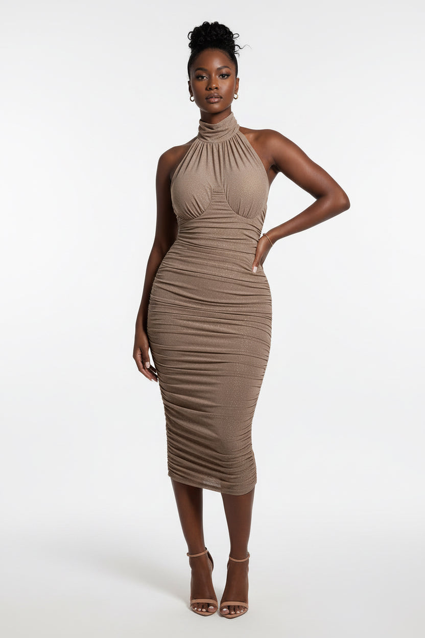 Halter Neck Backless Silver Bodycon Dress