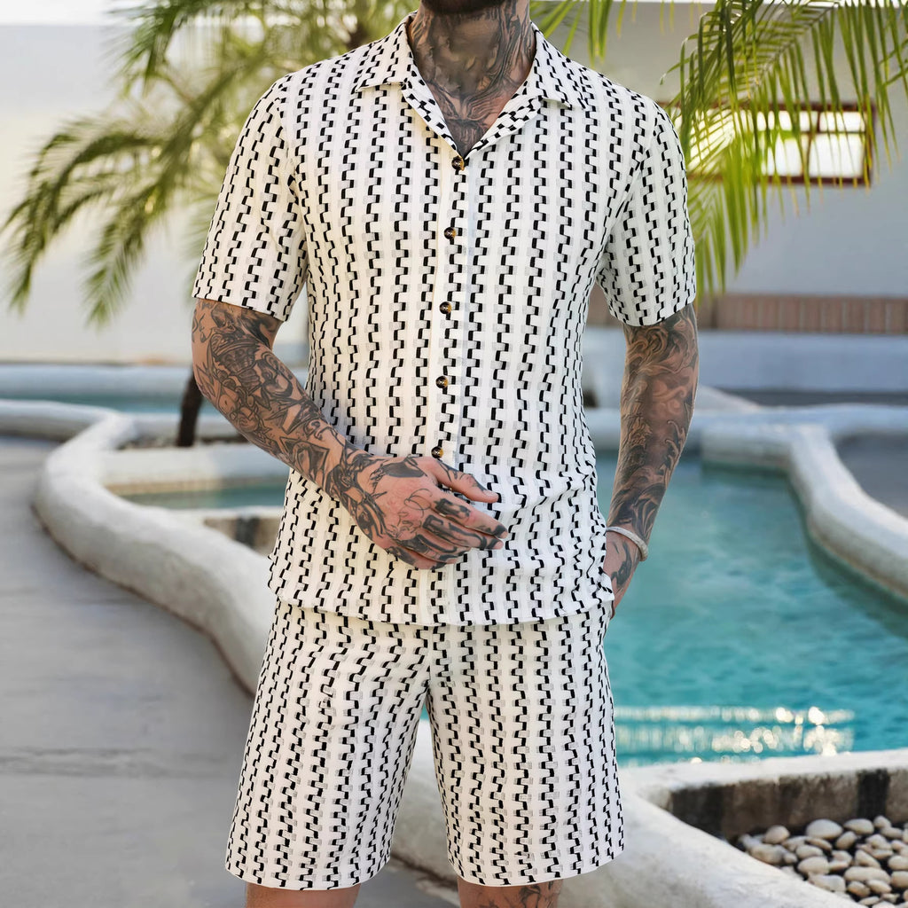 Mens Casual Striped Single-Breasted Shirt And Shorts Set