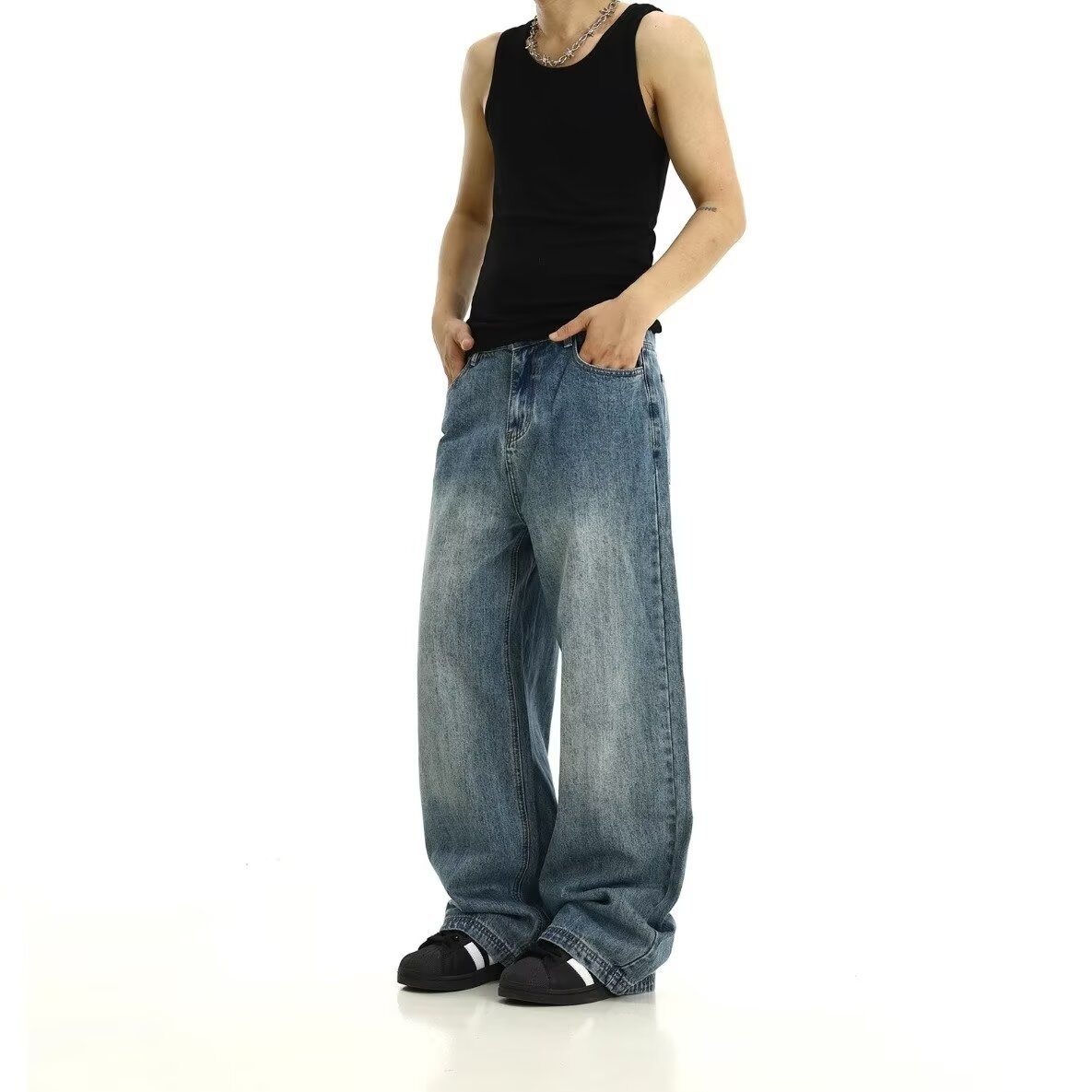 Street-style Vintage Washed Blue Jeans American Style